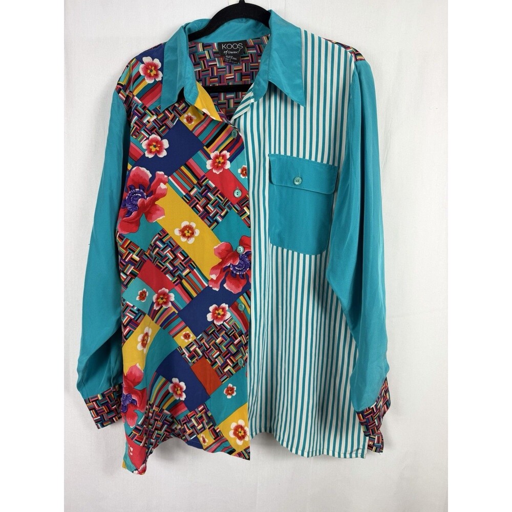 Koos Of Course Silk Button Up Shirt Top Blouse Artsy Patchwork Boho Blue Large